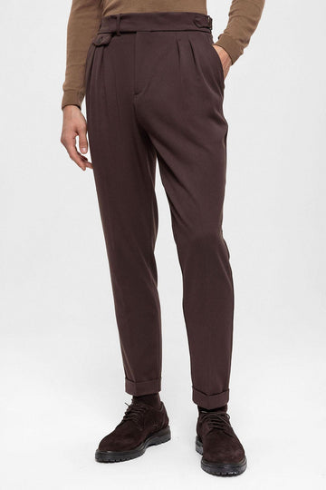 Men's Brown High Waist Pleated  Trousers - Wessi