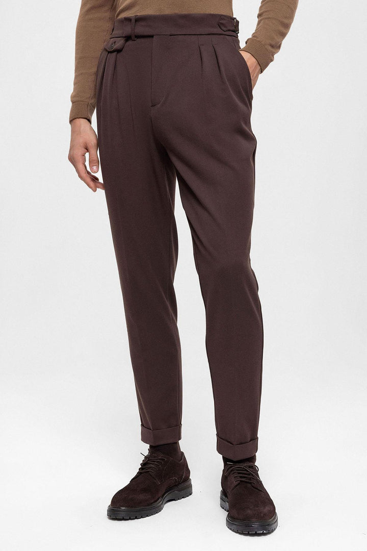 Men's Brown High Waist Pleated  Trousers - Wessi