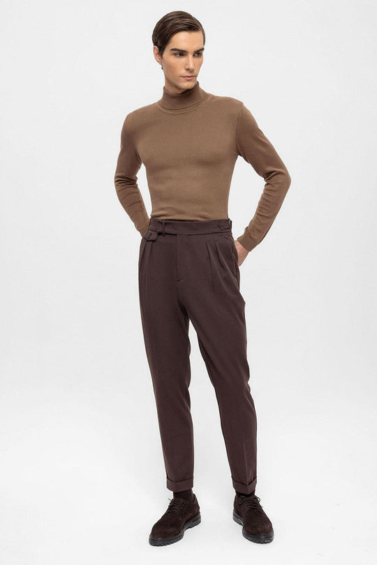 Men's Brown High Waist Pleated  Trousers - Wessi