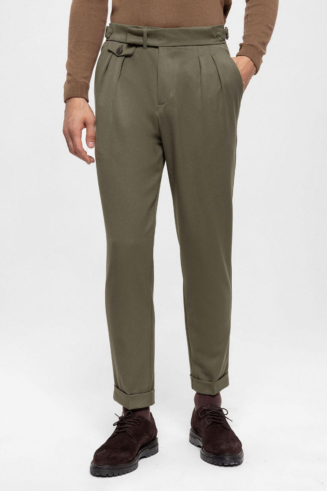 Men's Khaki High Waist Pleated  Trousers - Wessi