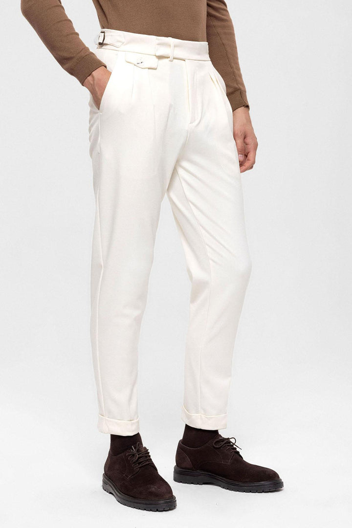 Men's Ecru High Waist Pleated  Trousers - Wessi