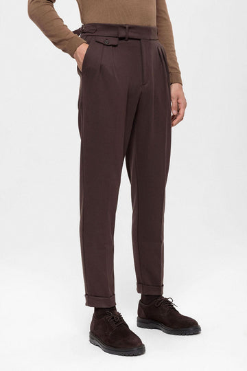Men's Brown High Waist Pleated  Trousers - Wessi