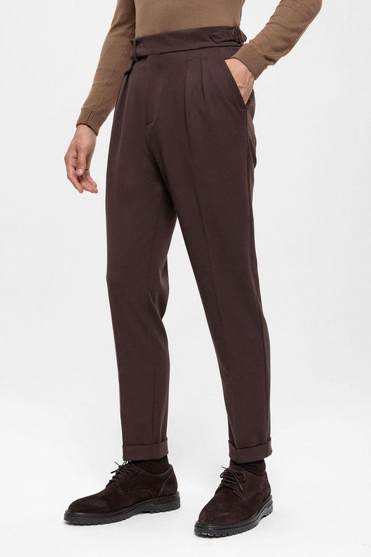 Men's Brown High Waist Pleated  Trousers - Wessi
