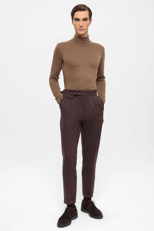 Men's Brown High Waist Pleated  Trousers - Wessi