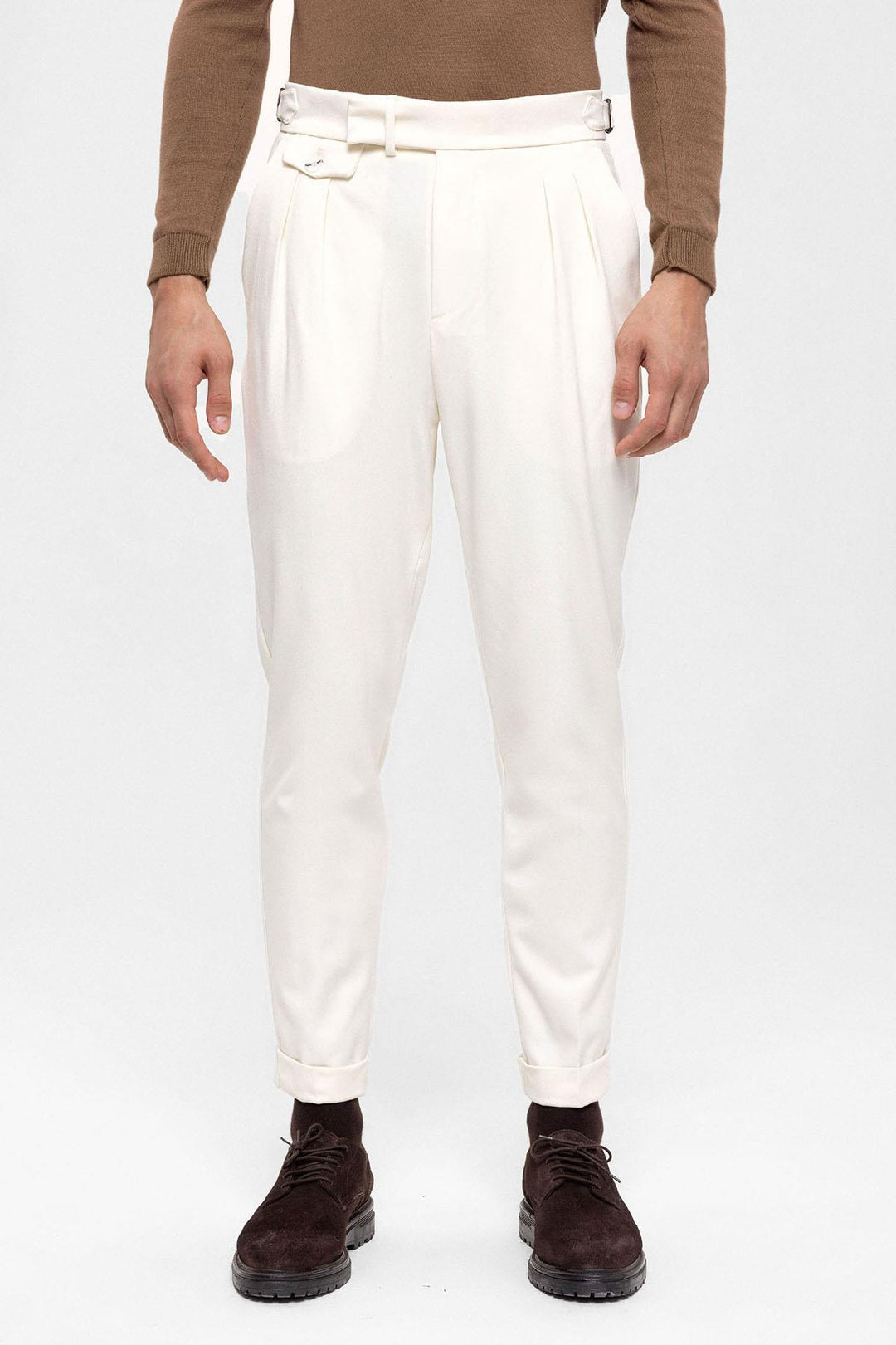 Men's Ecru High Waist Pleated  Trousers - Wessi