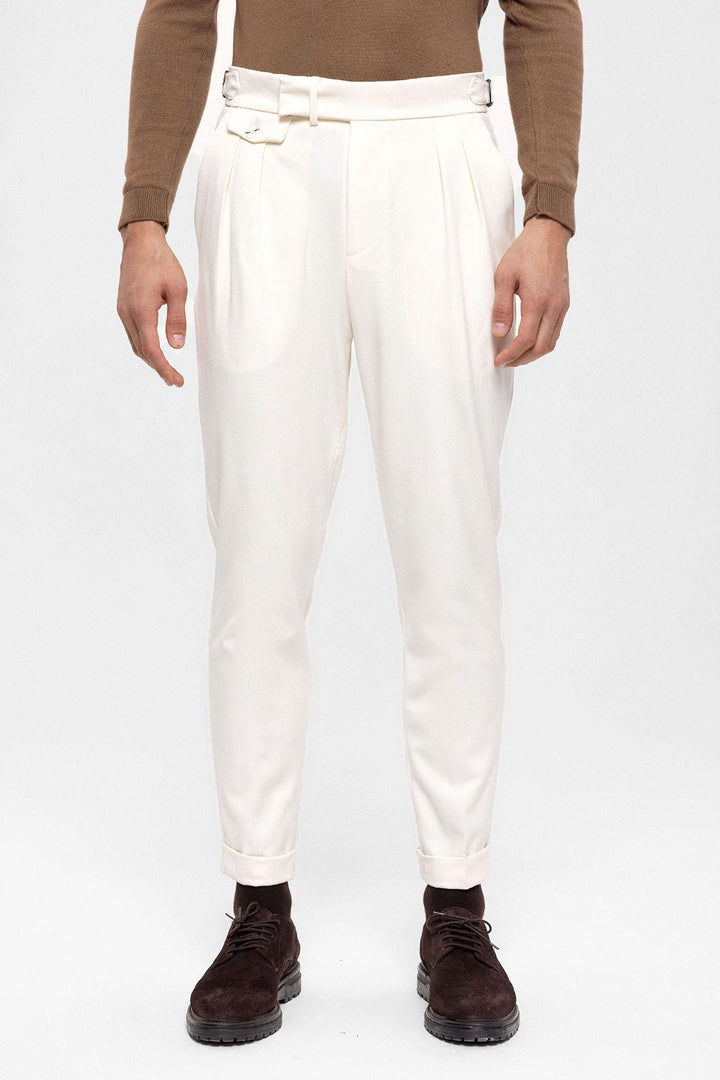 Men's Ecru High Waist Pleated  Trousers - Wessi
