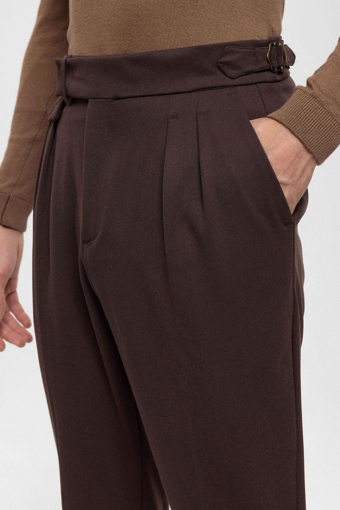 Men's Brown High Waist Pleated  Trousers - Wessi