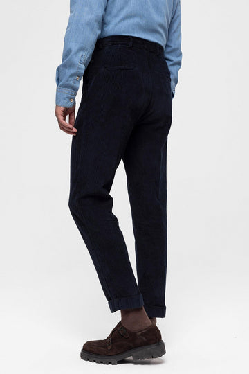 Men's Navy Blue High Waist Pleated Velvet  Trousers - Wessi
