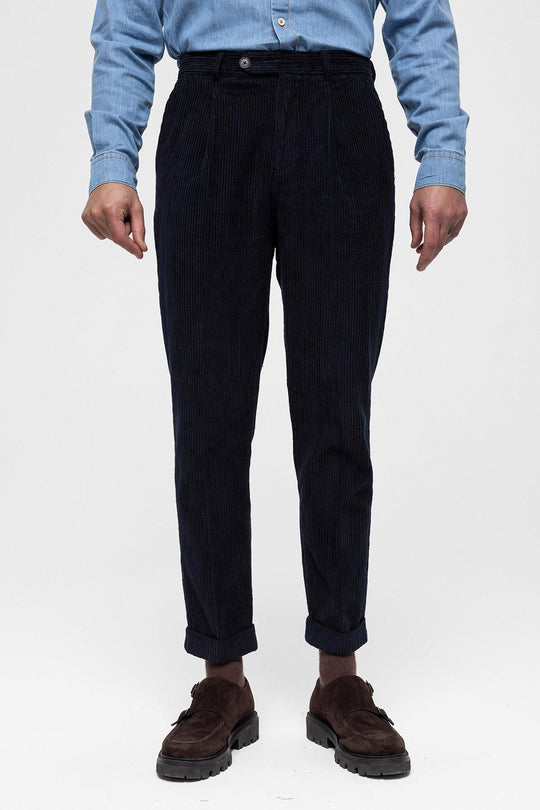 Men's Navy Blue High Waist Pleated Velvet  Trousers - Wessi