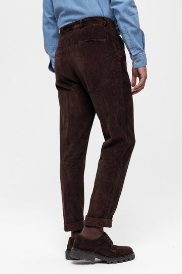 Men's Dark Brown High Waist Pleated Velvet  Trousers - Wessi