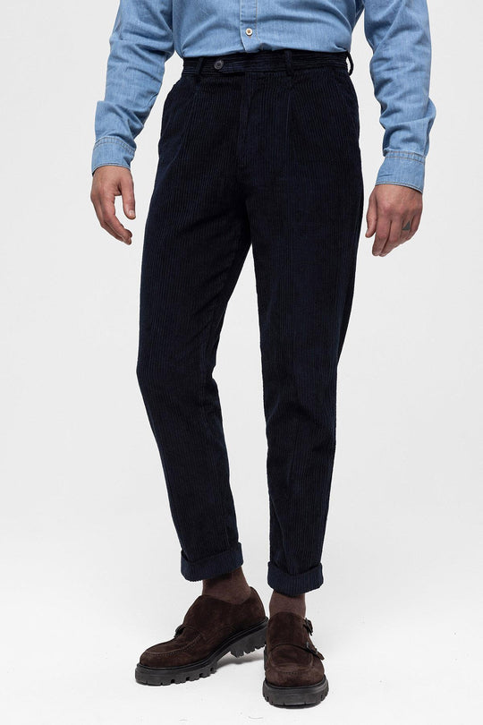 Men's Navy Blue High Waist Pleated Velvet  Trousers - Wessi