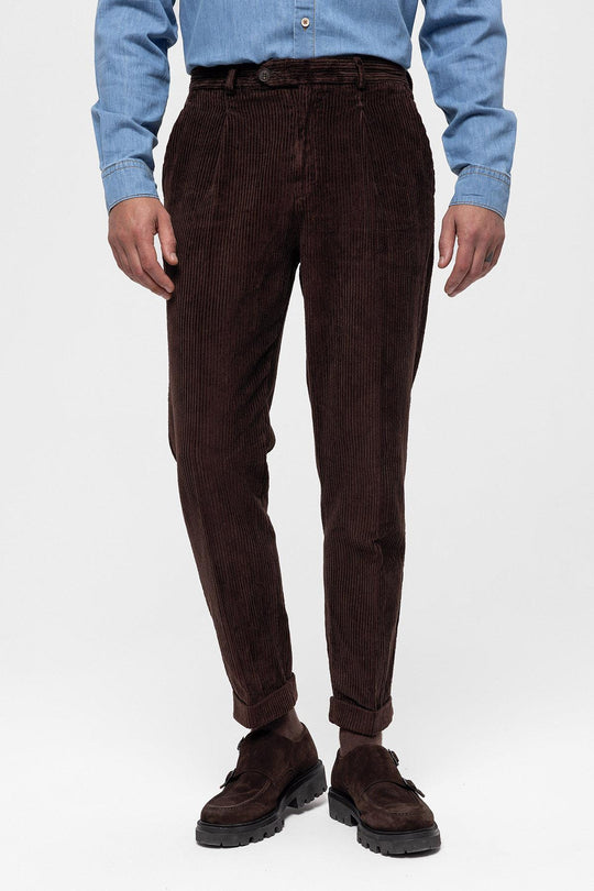Men's Dark Brown High Waist Pleated Velvet  Trousers - Wessi