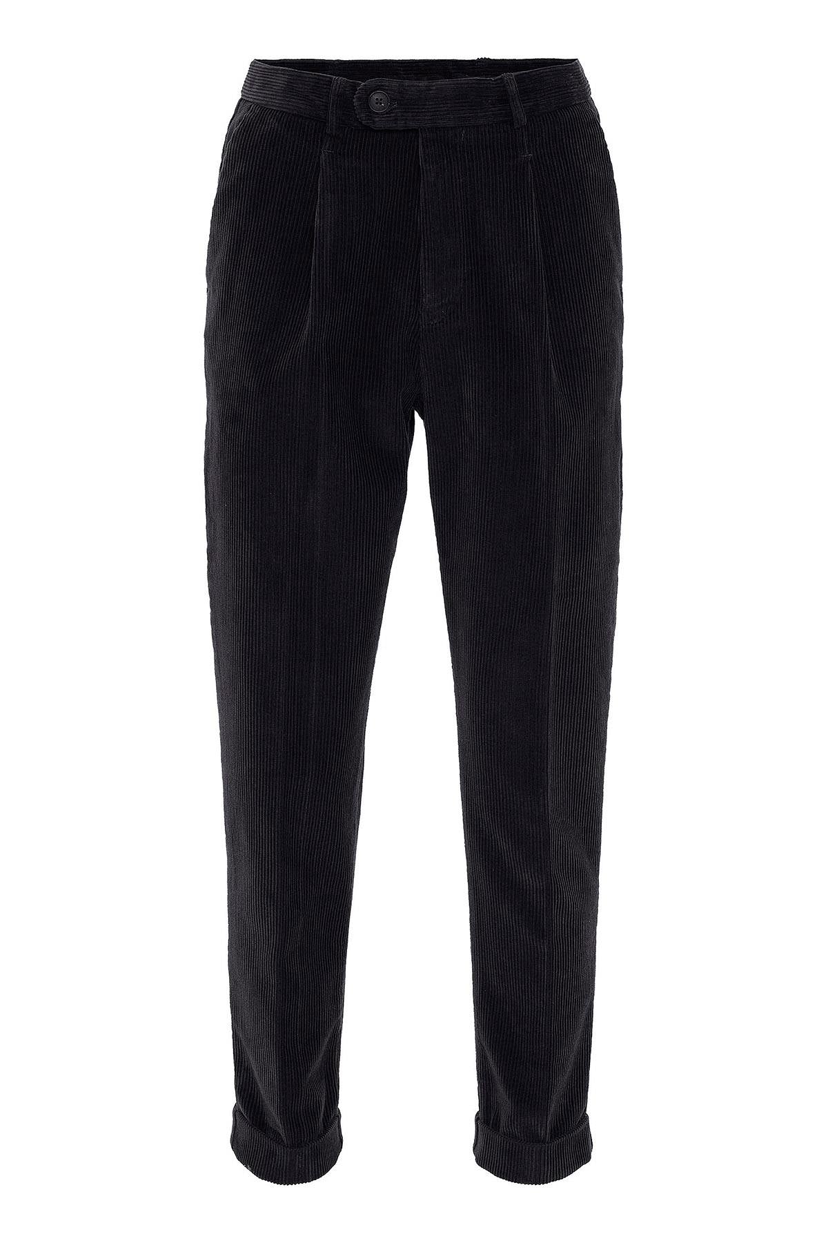 Men's Black High Waist Pleated Velvet Trousers - Wessi