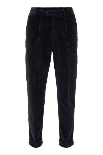 Men's Black High Waist Pleated Velvet  Trousers - Wessi