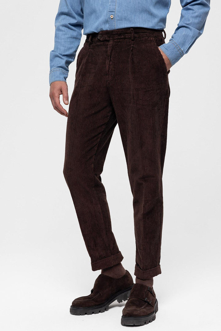 Men's Dark Brown High Waist Pleated Velvet  Trousers - Wessi