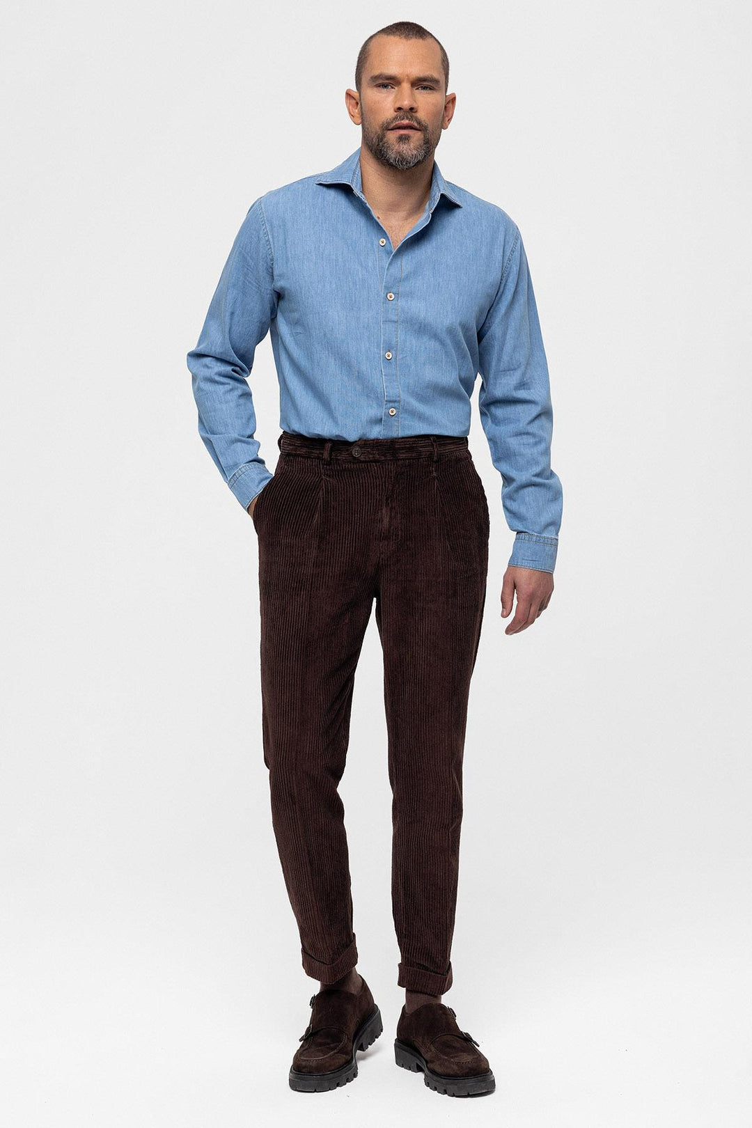 Men's Dark Brown High Waist Pleated Velvet  Trousers - Wessi