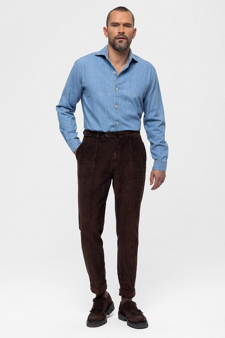 Men's Dark Brown High Waist Pleated Velvet  Trousers - Wessi