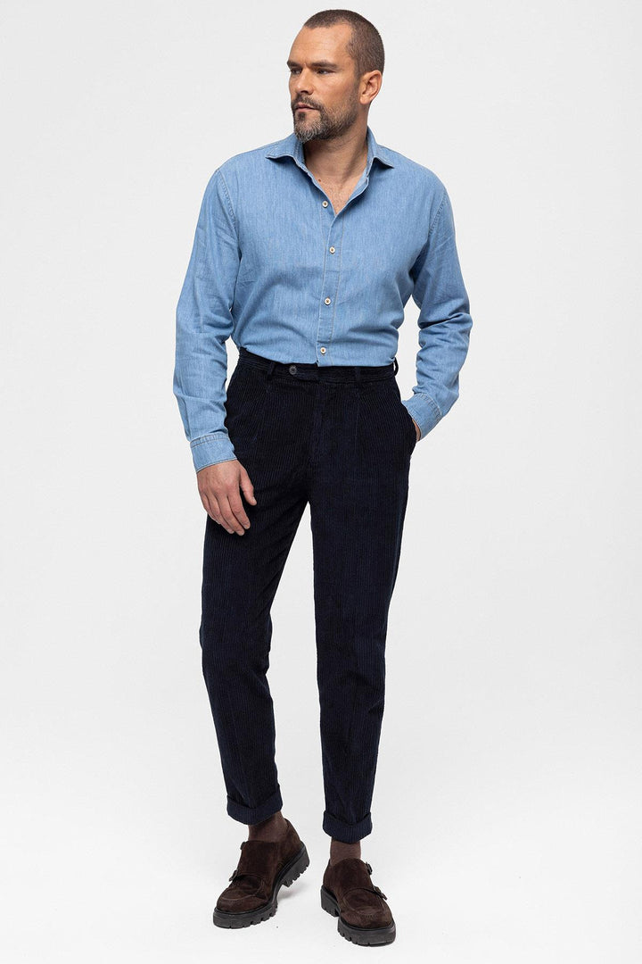 Pantaloni da uomo in velluto pieghettato a vita alta blu navy - Wessi