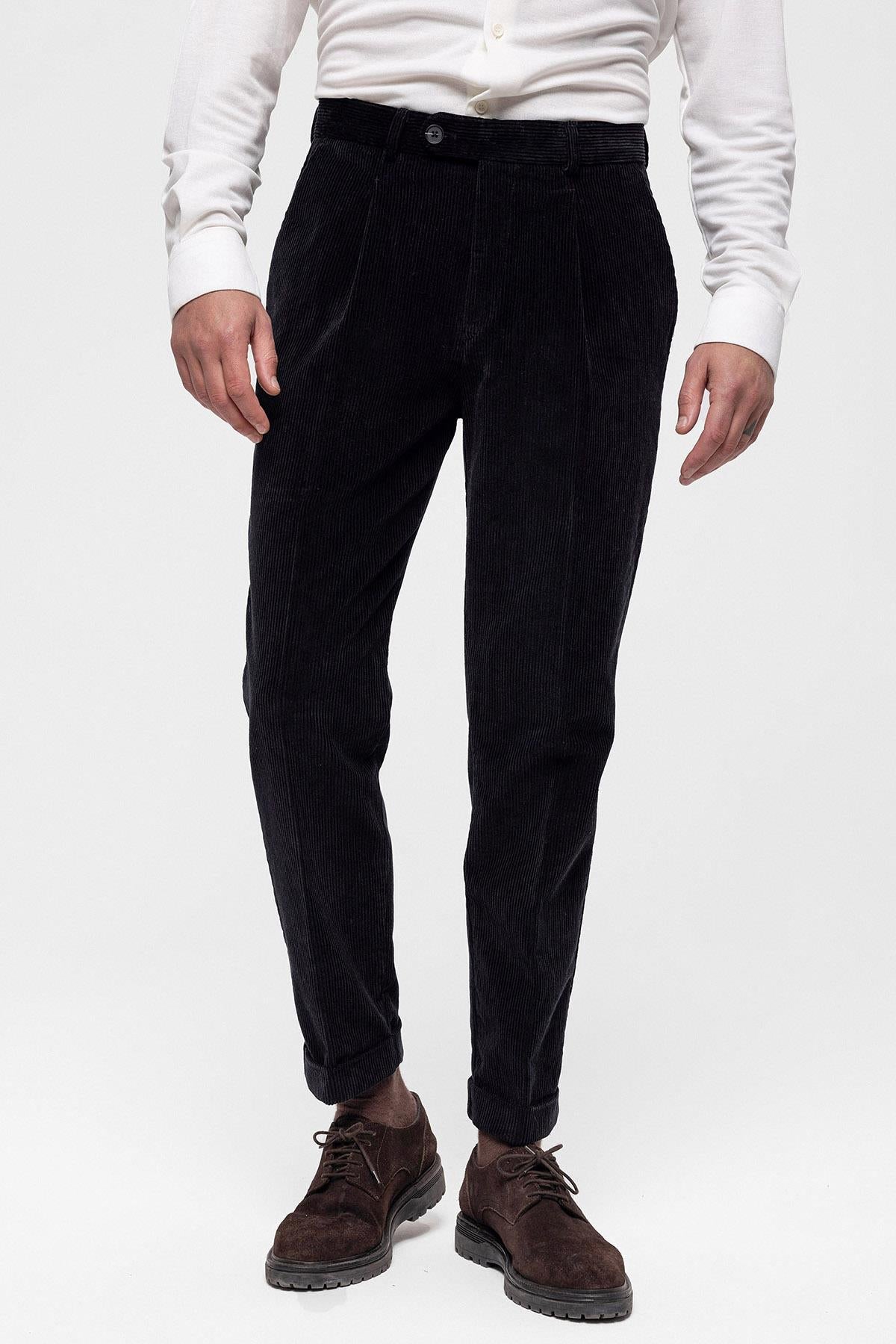 Men's Black High Waist Pleated Velvet Trousers - Wessi