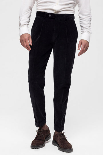 Men's Black High Waist Pleated Velvet  Trousers - Wessi