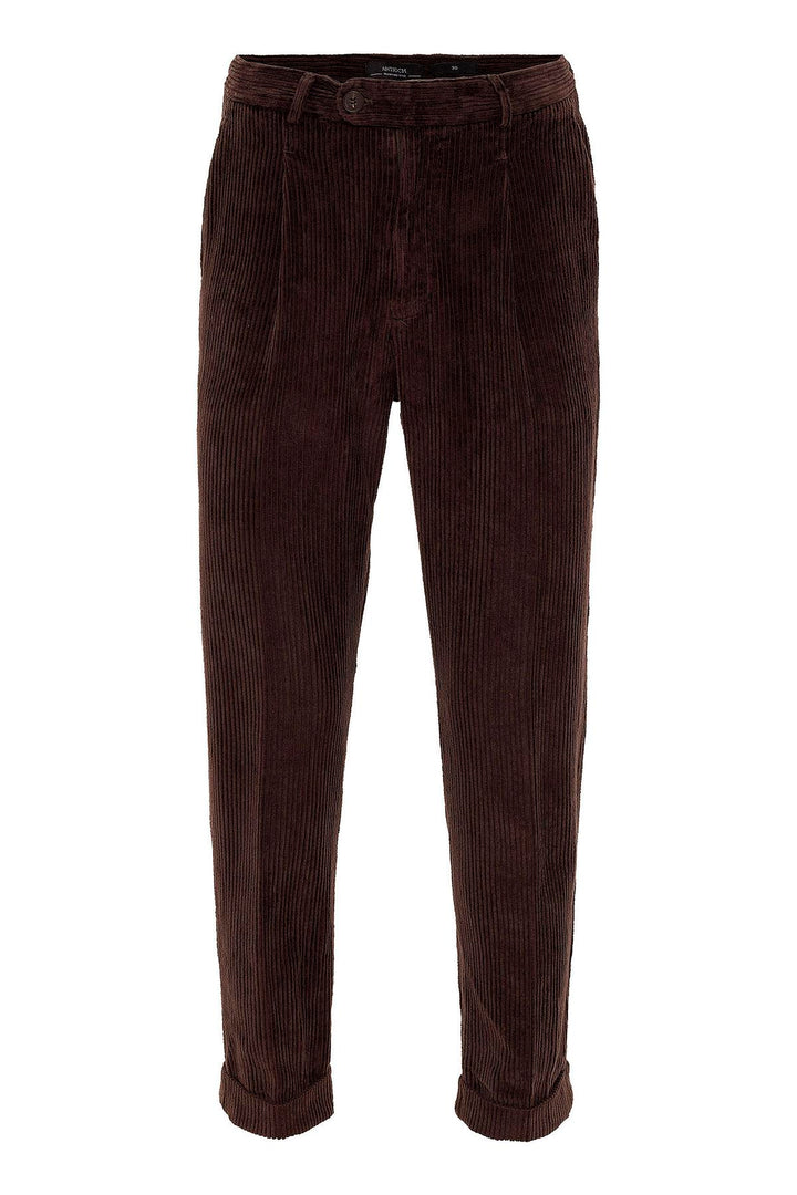 Men's Dark Brown High Waist Pleated Velvet  Trousers - Wessi