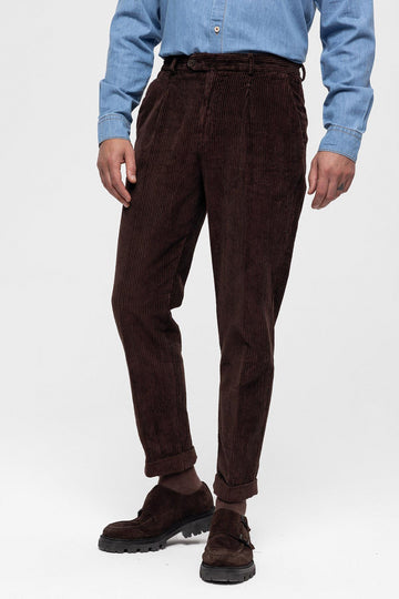 Men's Dark Brown High Waist Pleated Velvet  Trousers - Wessi