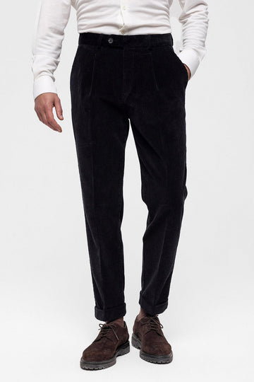 Men's Black High Waist Pleated Velvet  Trousers - Wessi