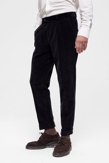 Men's Black High Waist Pleated Velvet  Trousers - Wessi