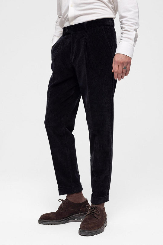 Men's Black High Waist Pleated Velvet  Trousers - Wessi