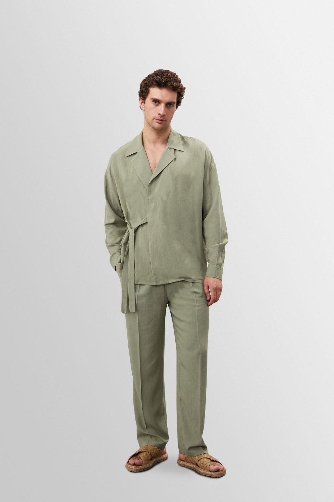 Pantalon Homme Kaki Clair Taille Haute Plissé en Lin Mélangé Wessi