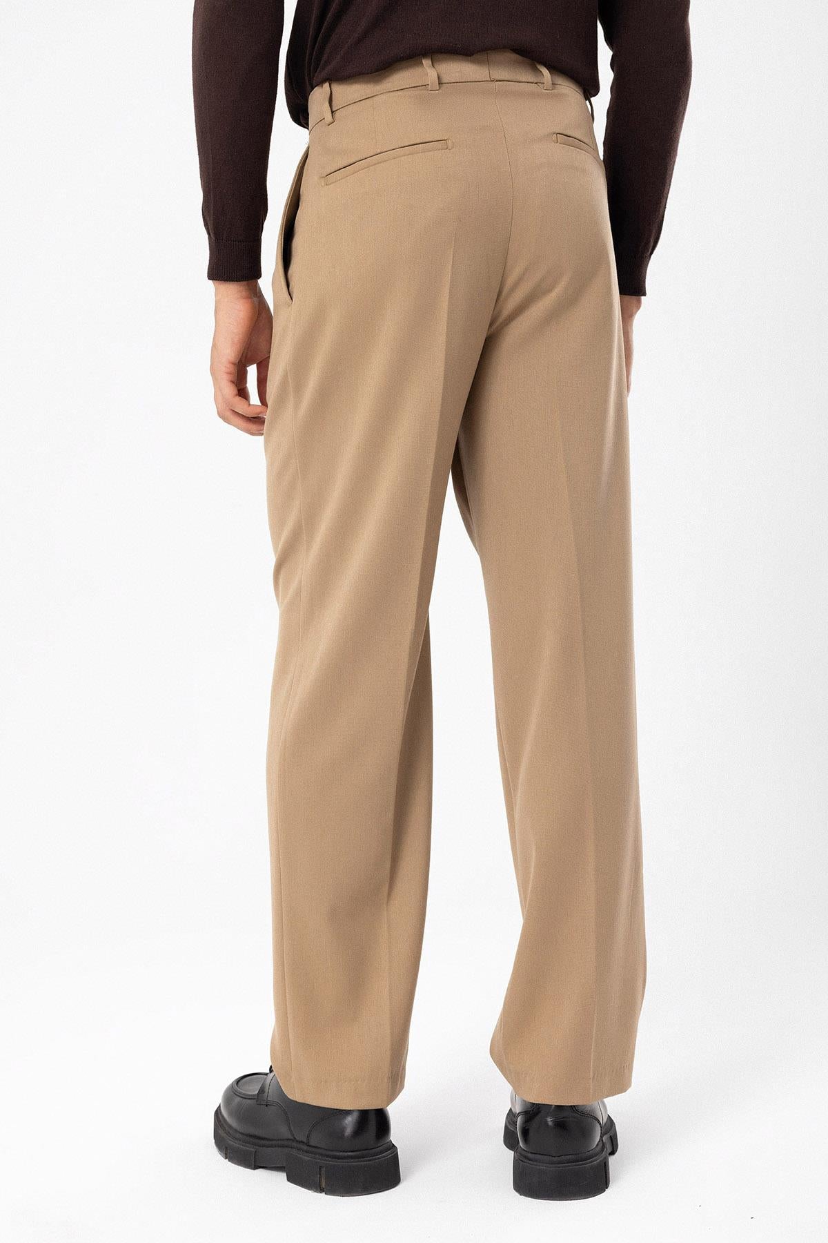 Men's Camel High Waist Pleated Comfortable Fit Trousers - Wessi