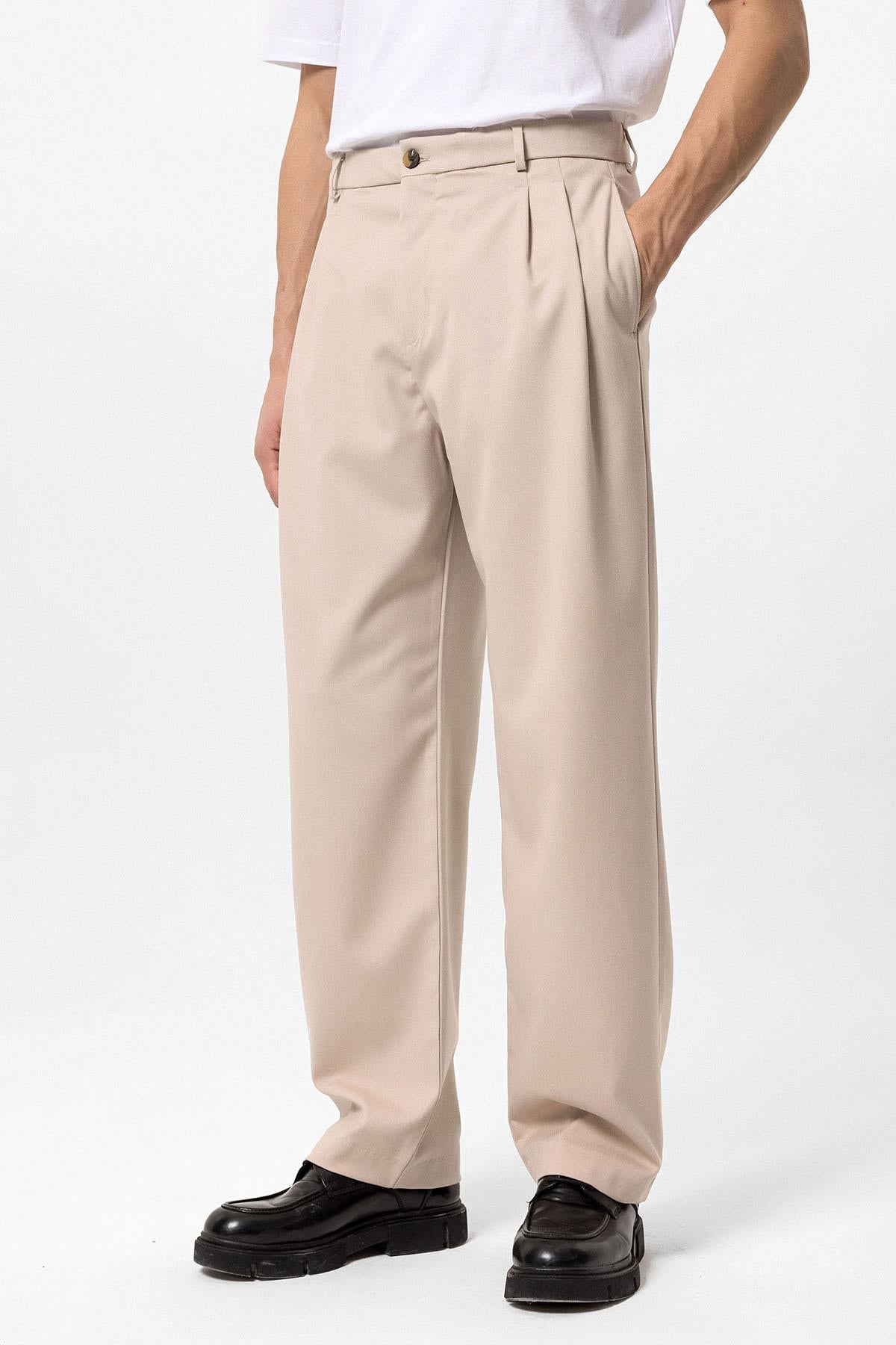 Men's Beige High Waist Pleated Comfortable Fit Trousers - Wessi