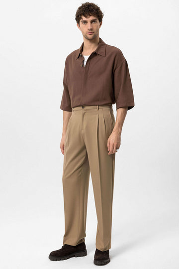 Men's Camel High Waist Pleated Comfortable Fit  Trousers - Wessi