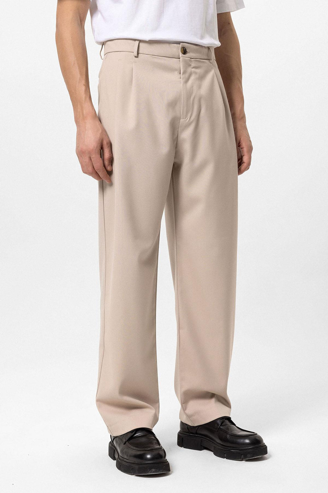 Men's Beige High Waist Pleated Comfortable Fit Trousers Wessi