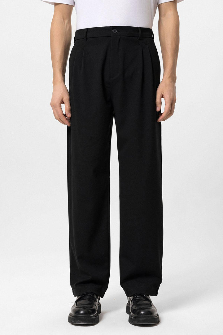 Men's Black High Waist Pleated Comfortable Fit  Trousers - Wessi