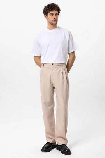 Pantalon Homme Beige Taille Haute Plissé Coupe Confortable - Wessi