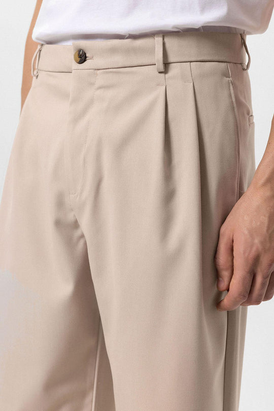 Pantalon Homme Beige Taille Haute Plissé Coupe Confortable - Wessi
