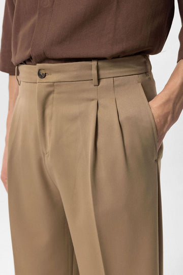 Men's Camel High Waist Pleated Comfortable Fit  Trousers - Wessi