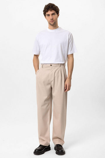 Pantalon Homme Beige Taille Haute Plissé Coupe Confortable - Wessi