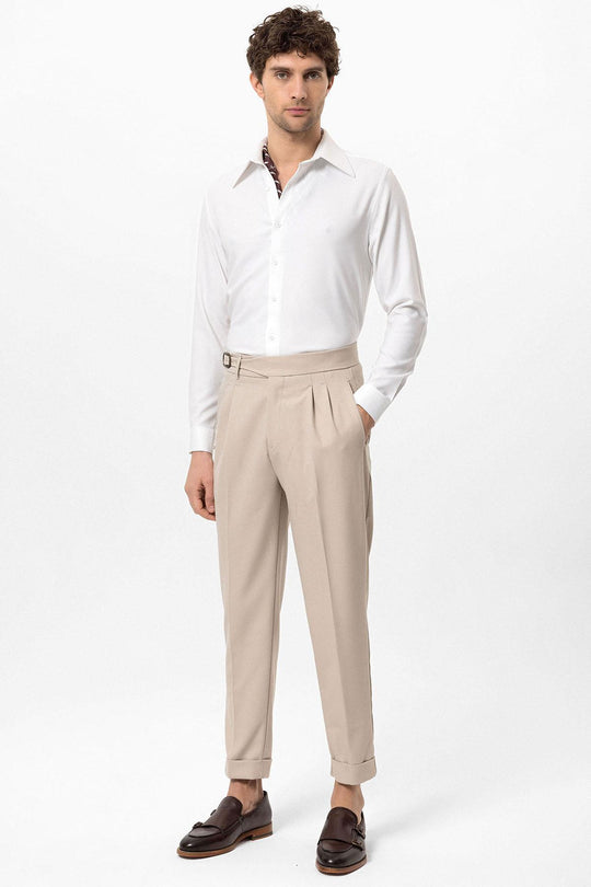 Men's Light Beige High-Waisted Pleated Buckle Detail  Pants - Wessi