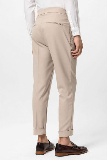 Men's Light Beige High-Waisted Pleated Buckle Detail  Pants - Wessi