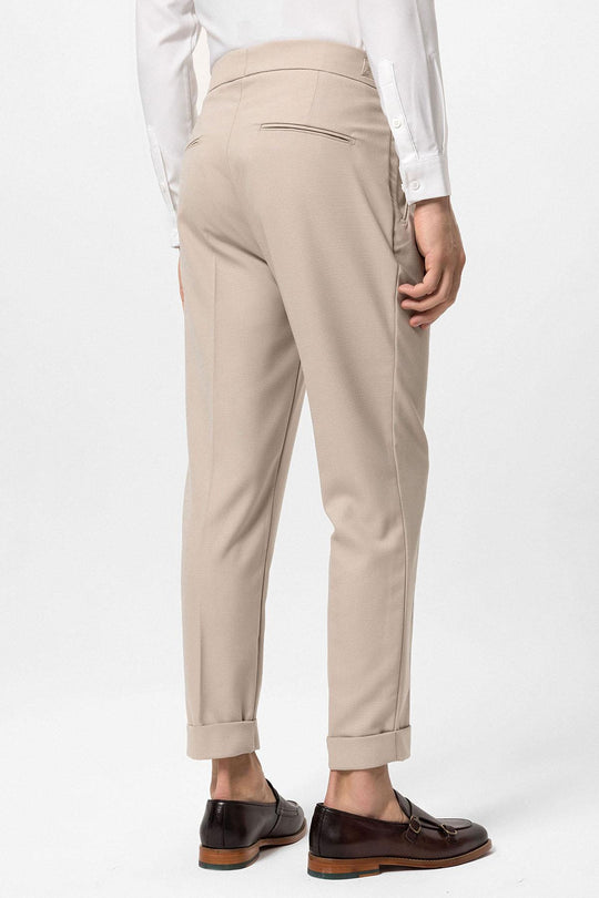 Men's Light Beige High-Waisted Pleated Buckle Detail  Pants - Wessi