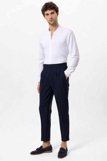 Men's Navy Blue High-Waisted Pleated Buckle Detail  Pants - Wessi
