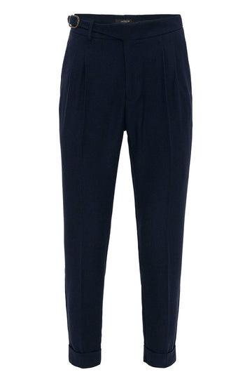 Men's Navy Blue High-Waisted Pleated Buckle Detail  Pants - Wessi