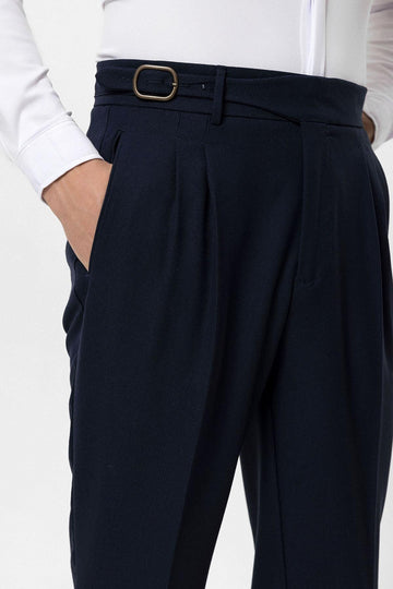Men's Navy Blue High-Waisted Pleated Buckle Detail  Pants - Wessi