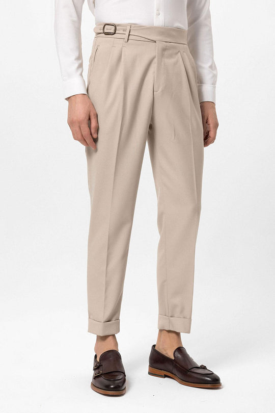 Men's Light Beige High-Waisted Pleated Buckle Detail  Pants - Wessi