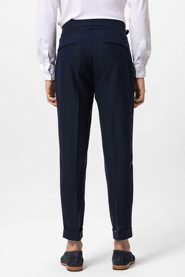 Men's Navy Blue High-Waisted Pleated Buckle Detail  Pants - Wessi