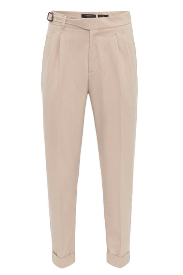 Men's Light Beige High-Waisted Pleated Buckle Detail  Pants - Wessi
