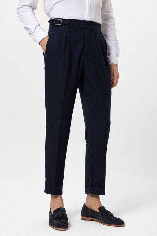 Men's Navy Blue High-Waisted Pleated Buckle Detail Pants - Wessi  Wessi -  Discover Diversity