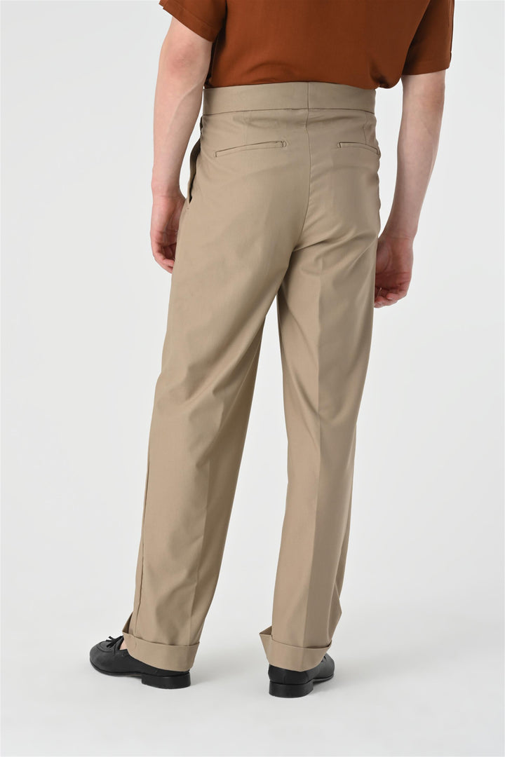Pantaloni a pieghe con dettaglio fibbia a vita alta beige scuro da uomo - Wessi